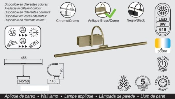 Aplique Led, Alumbracuadros-Espejo, 45cm, Cuero, 8W, 3000K - Imagen 3