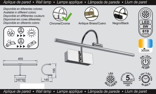 Aplique Led, Alumbracuadros-Espejo, 45cm, Cromo, 8W, 3000K - Imagen 2