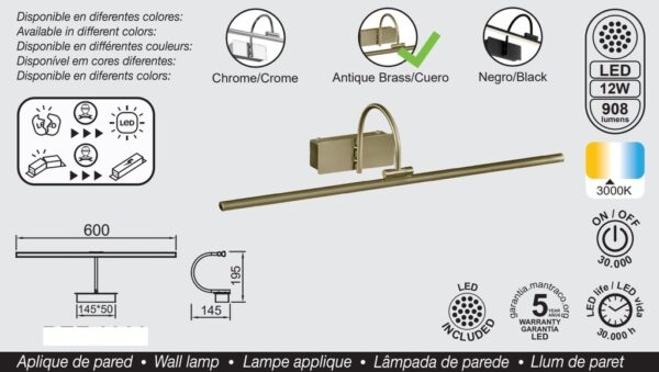 Aplique Led, Alumbracuadros-Espejo, 60cm, Cuero, 12W, 3000K - Imagen 2