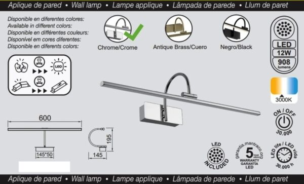 Aplique Led, Alumbracuadros-Espejo, 60cm, Cromo, 12W, 3000K - Imagen 2