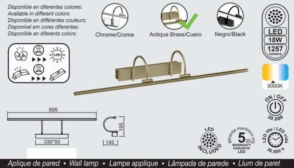 Aplique Led, Alumbracuadros-Espejo, 89.5cm, Cuero, 18W, 3000K - Imagen 2