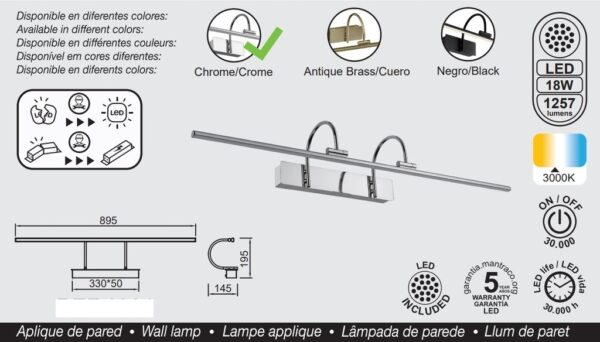 Aplique Led, Alumbracuadros-Espejo, 89.5cm, Cromo, 18W, 3000K - Imagen 2