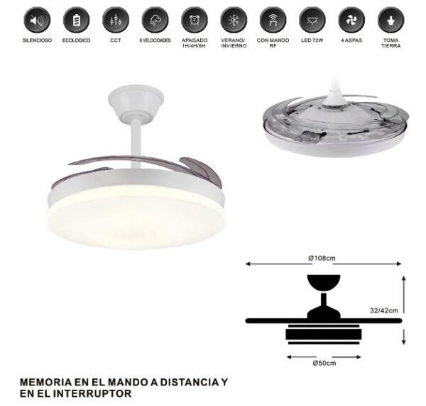 Ventilador Agata 108Ø 4 Aspas Retráctiles Blanco Motor DC - Imagen 2